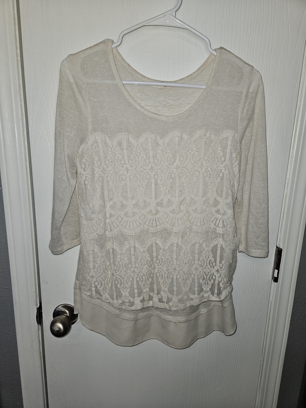 Maurices Cream Lace Panel Three-Quarter Sleeve Top